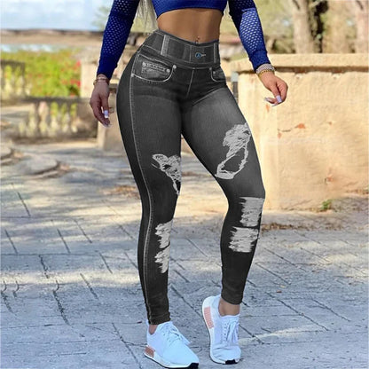 Legging Skinny Denim à Taille Haute et Rayures Sportives