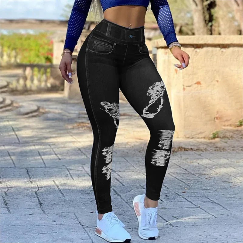 Legging Skinny Denim à Taille Haute et Rayures Sportives