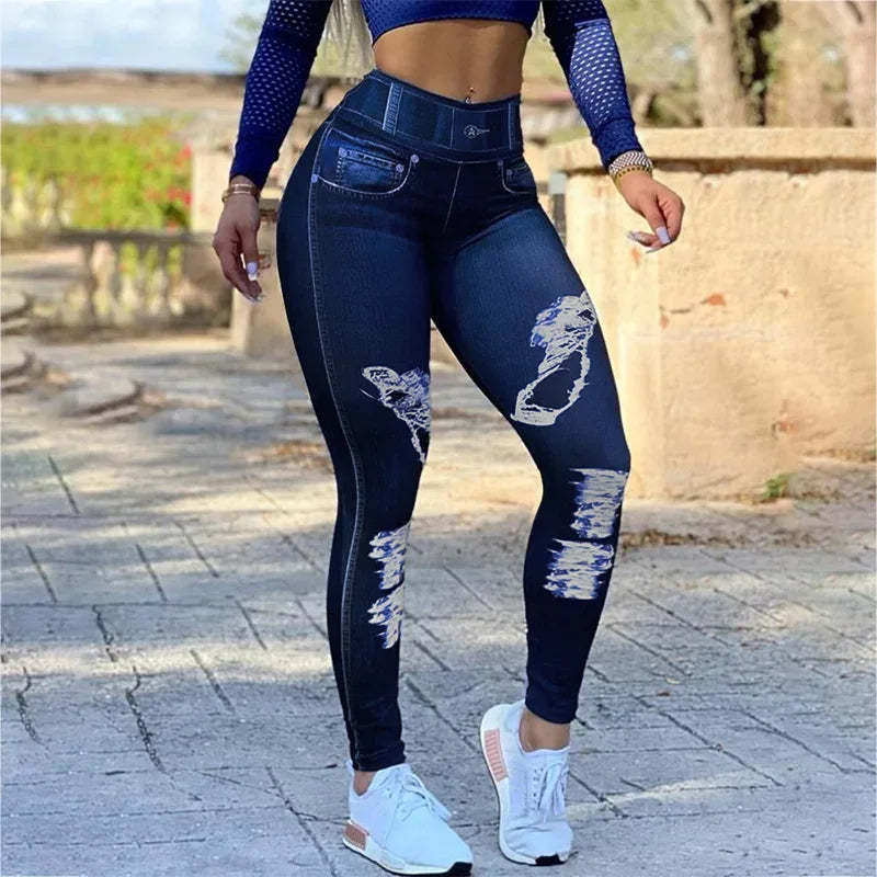 Legging Skinny Denim à Taille Haute et Rayures Sportives